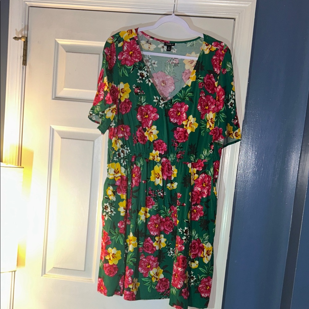 Floral V-Neck Green Midi Dress with Pink & Yellow Blooms